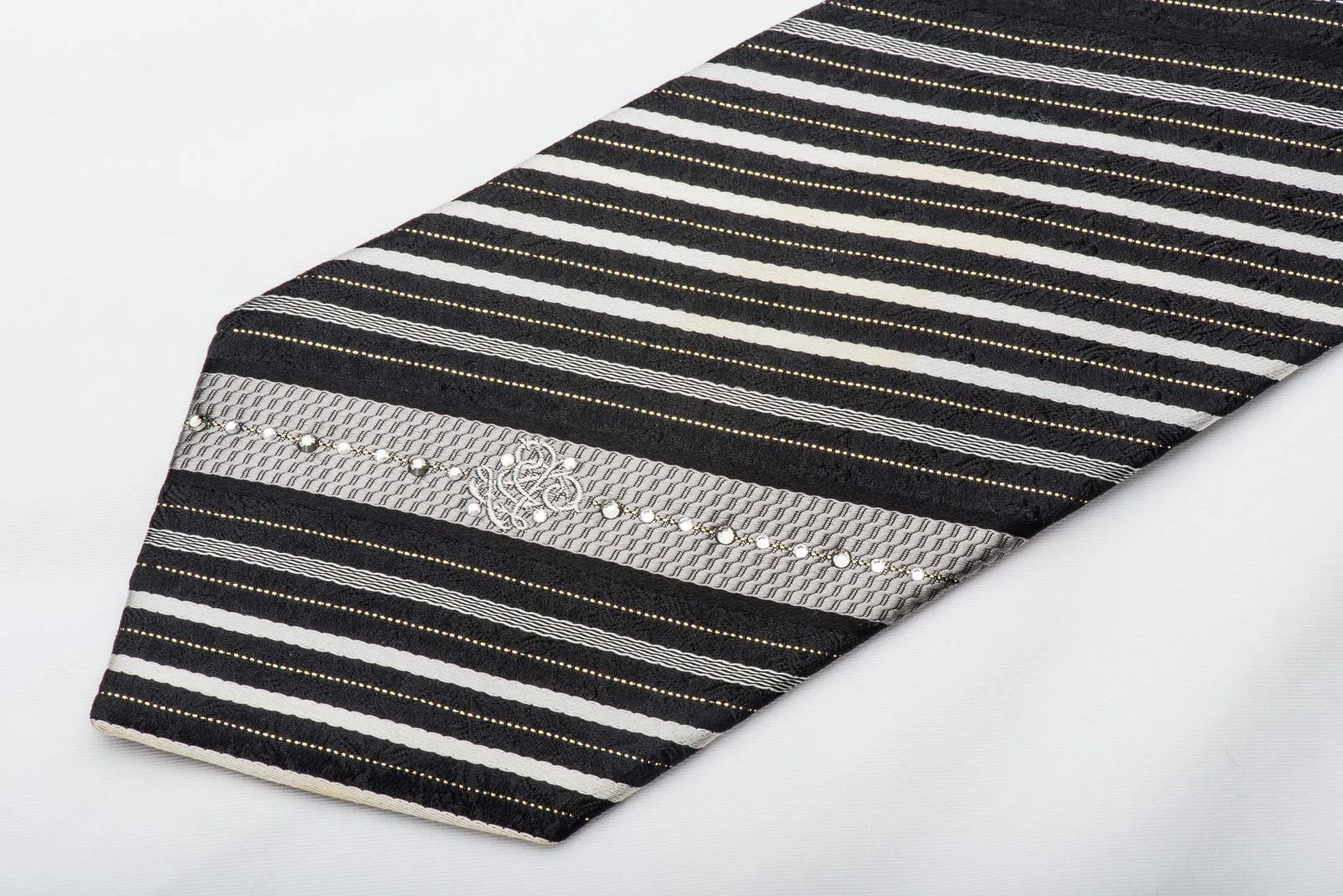 Guy Laroche Mens Rhinestone Necktie Silver Striped On Black Silk With Gold Sparkles