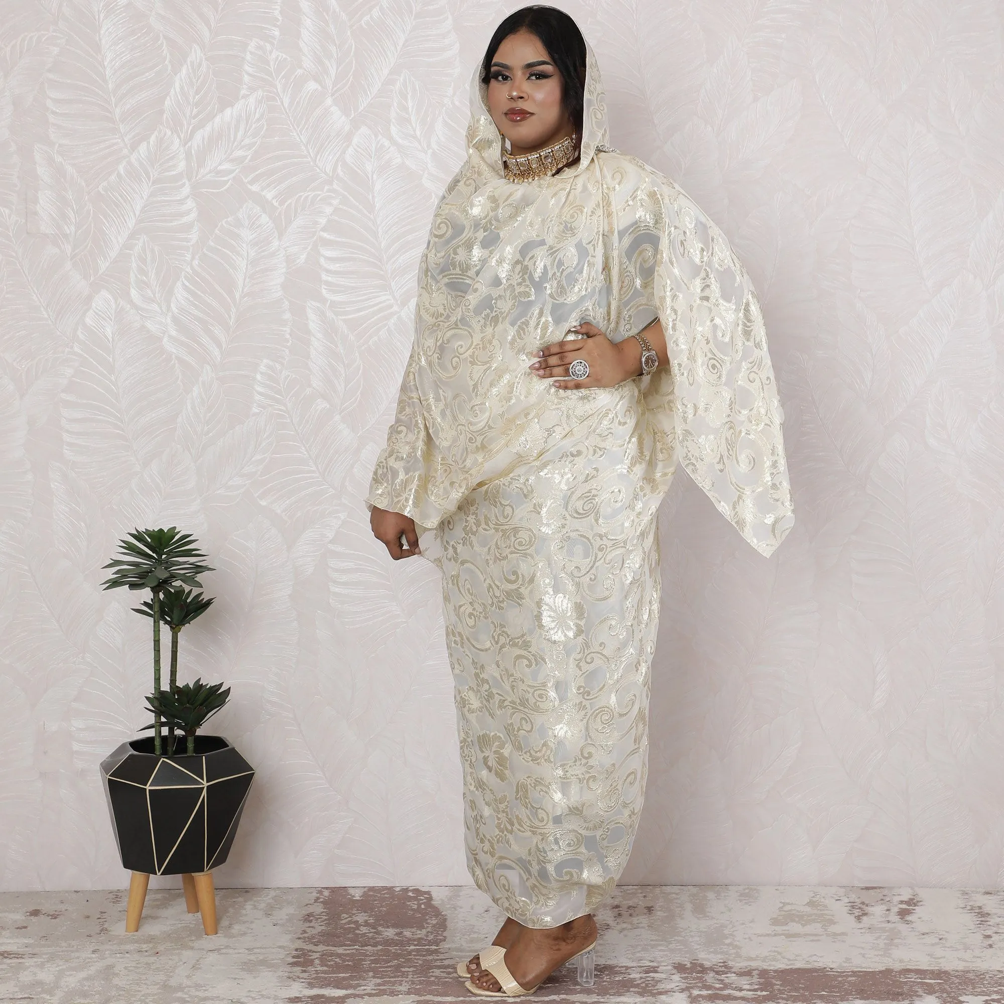Ivory Elegance Traditional Sudanese Thobe - French Silk Chiffon with metallic lurex, 110cm Width, 4.5 Mtrs Piece-D18465