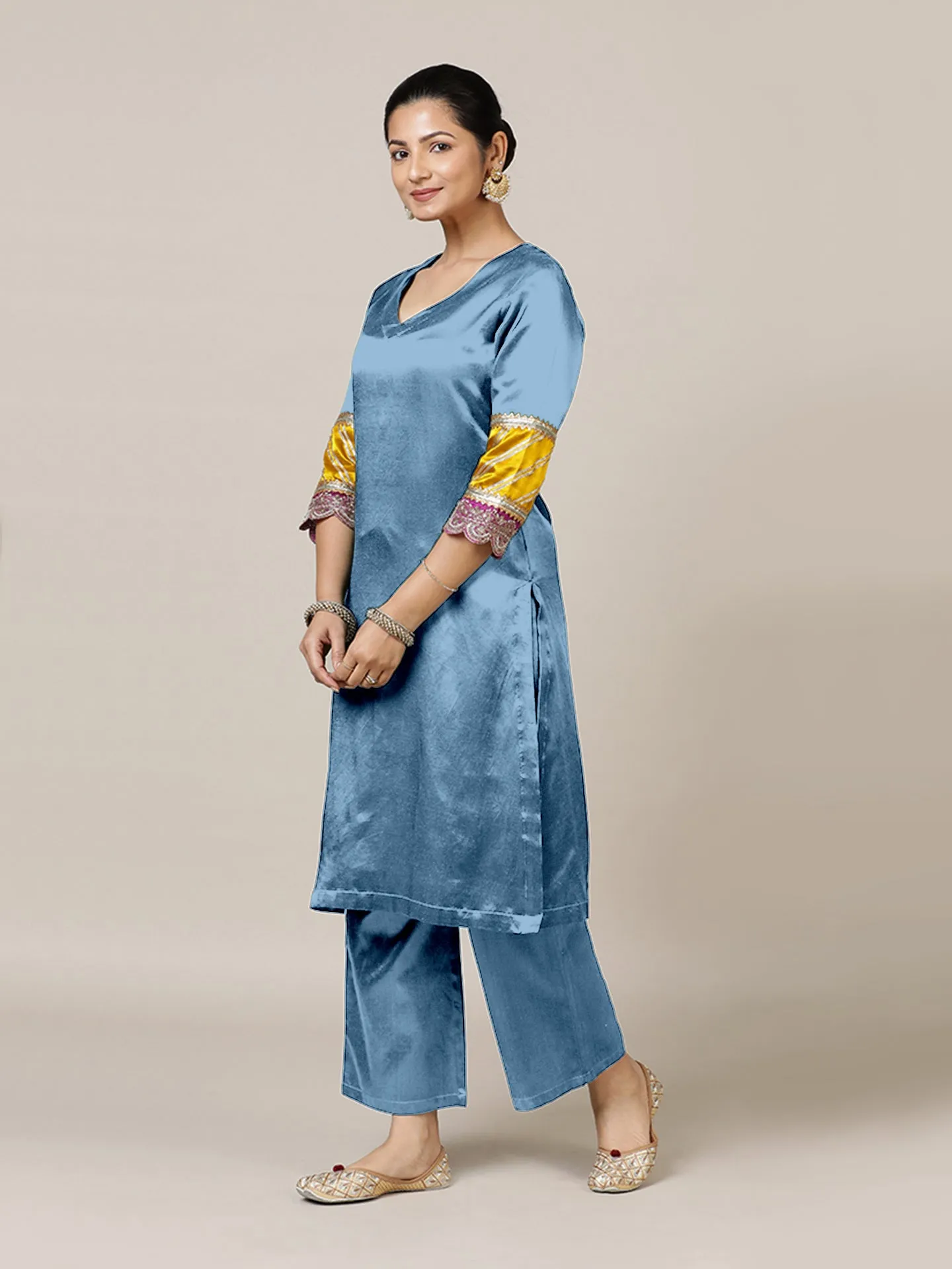 Kainaat x Tyohaar | Ice Blue Mashru Silk A-Line Kurta with Embroidered Sleeves | Coords or Only Kurta