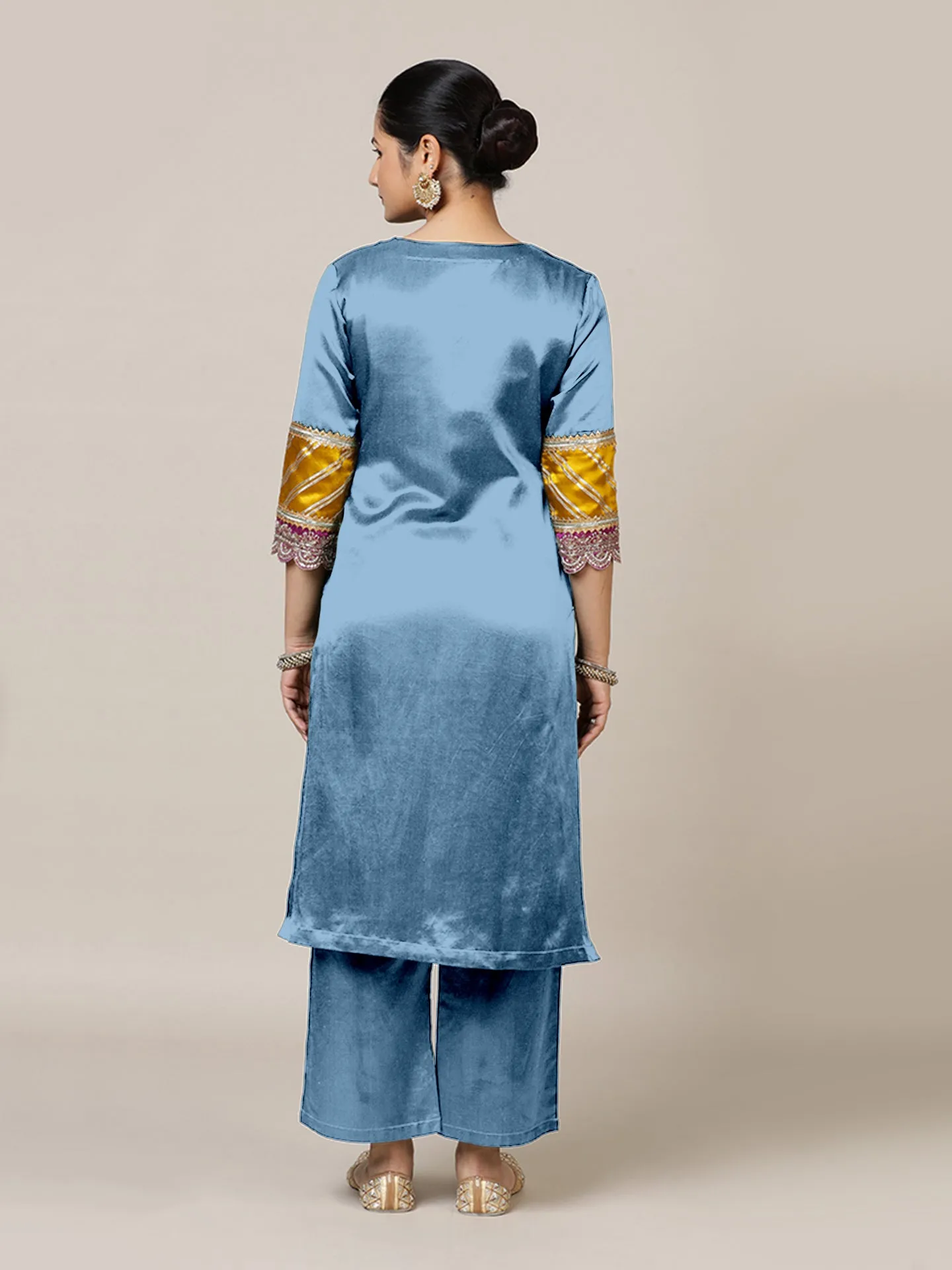 Kainaat x Tyohaar | Ice Blue Mashru Silk A-Line Kurta with Embroidered Sleeves | Coords or Only Kurta