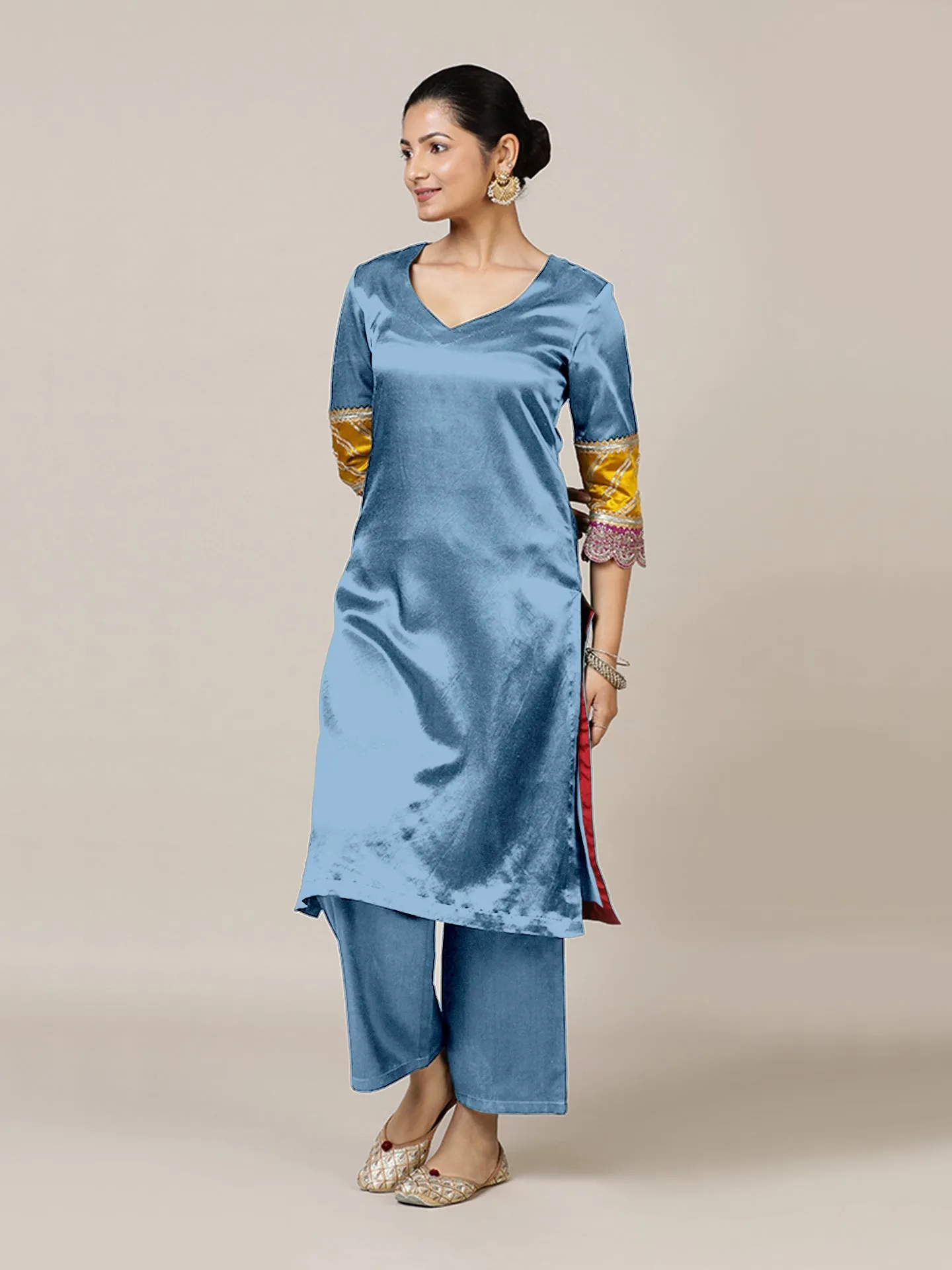 Kainaat x Tyohaar | Ice Blue Mashru Silk A-Line Kurta with Embroidered Sleeves | Coords or Only Kurta