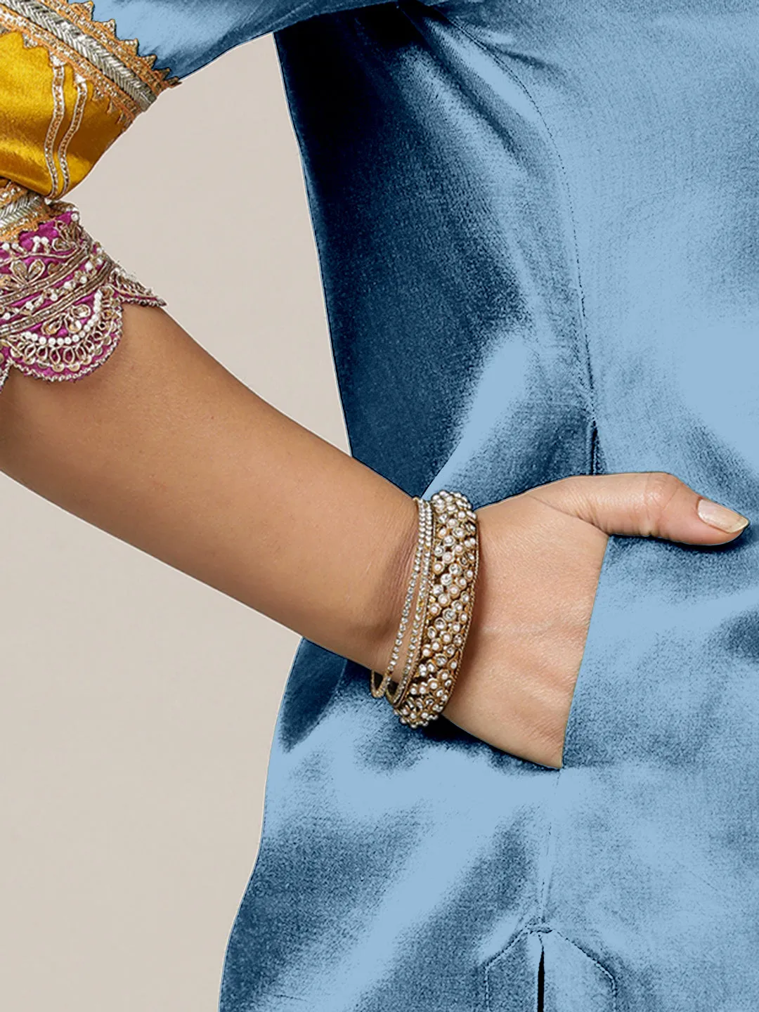Kainaat x Tyohaar | Ice Blue Mashru Silk A-Line Kurta with Embroidered Sleeves | Coords or Only Kurta