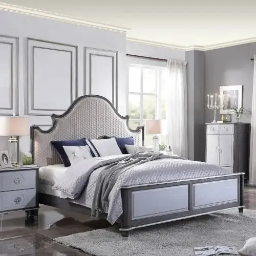 Kenna Queen Bed, Two Tone Beige Fabric, Charcoal & Light Gray Finish