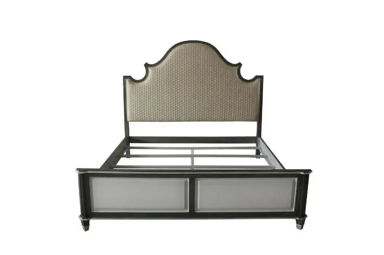 Kenna Queen Bed, Two Tone Beige Fabric, Charcoal & Light Gray Finish