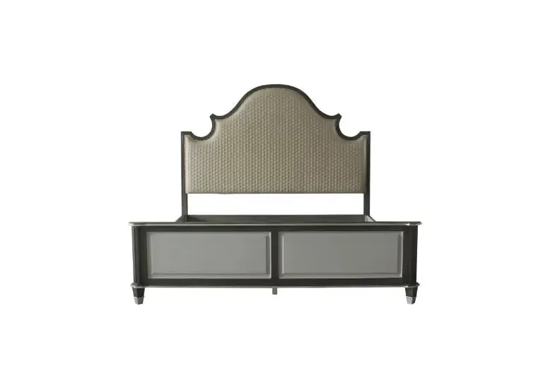 Kenna Queen Bed, Two Tone Beige Fabric, Charcoal & Light Gray Finish