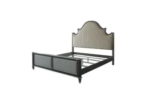 Kenna Queen Bed, Two Tone Beige Fabric, Charcoal & Light Gray Finish
