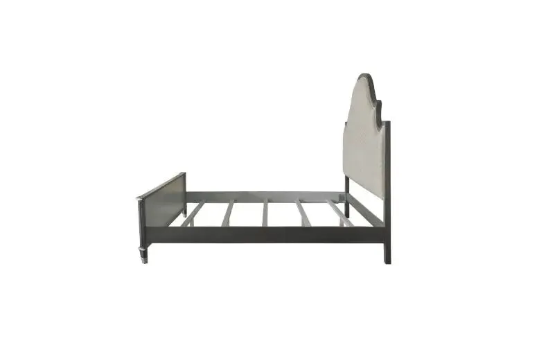 Kenna Queen Bed, Two Tone Beige Fabric, Charcoal & Light Gray Finish