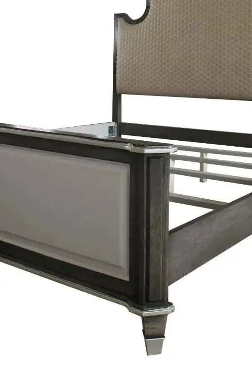 Kenna Queen Bed, Two Tone Beige Fabric, Charcoal & Light Gray Finish