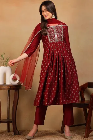 Maroon Silk Blend Solid Design Flared 3-Piece Kurta Set