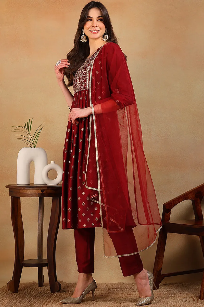 Maroon Silk Blend Solid Design Flared 3-Piece Kurta Set