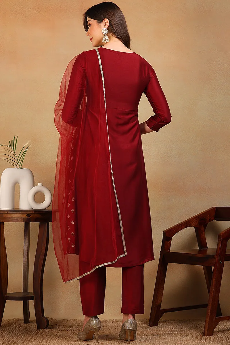 Maroon Silk Blend Solid Design Flared 3-Piece Kurta Set