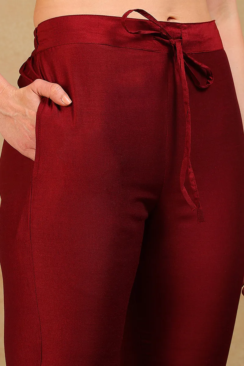 Maroon Silk Blend Solid Design Flared 3-Piece Kurta Set