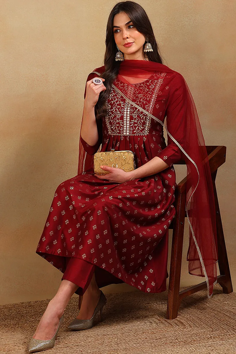 Maroon Silk Blend Solid Design Flared 3-Piece Kurta Set