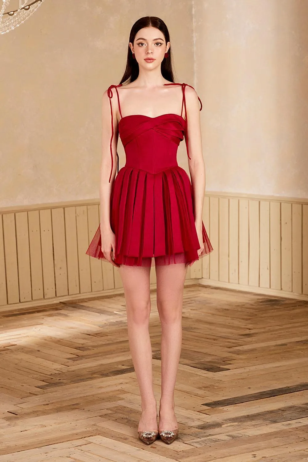 Midnight Kiss Fit and Flare Pleated Mesh Taffeta Mini Dress