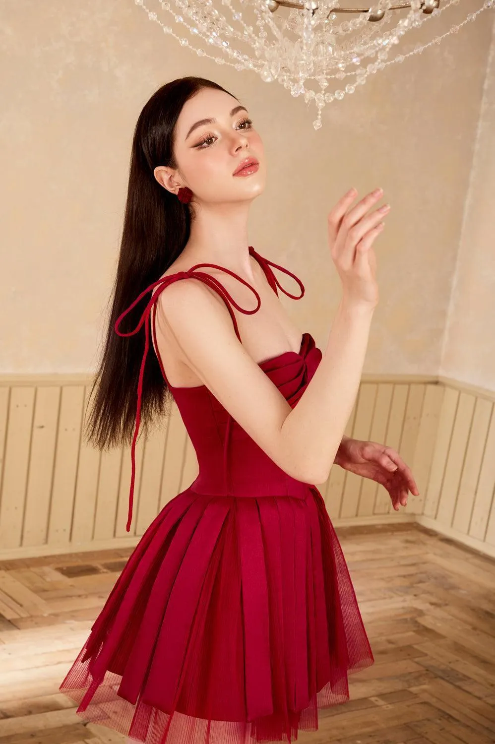 Midnight Kiss Fit and Flare Pleated Mesh Taffeta Mini Dress