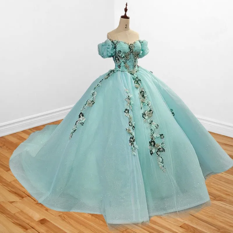 Mint Green Off Shoulder Court Train Quinceañera Dress