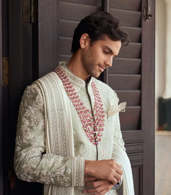Mint Green Raw Silk Sherwani Set