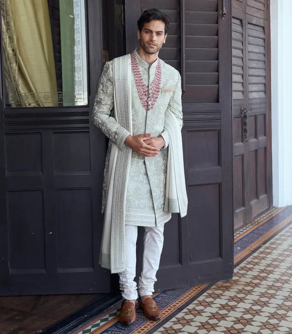 Mint Green Raw Silk Sherwani Set
