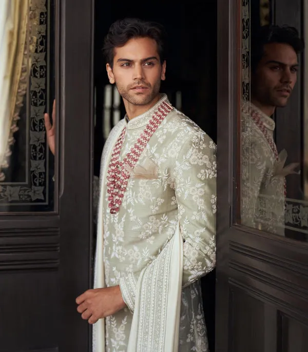 Mint Green Raw Silk Sherwani Set