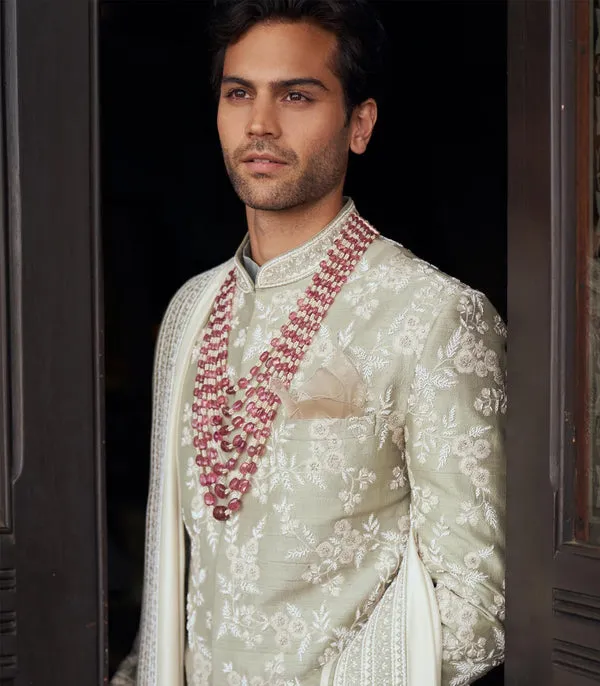 Mint Green Raw Silk Sherwani Set