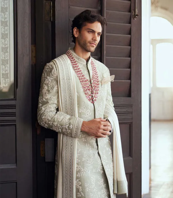 Mint Green Raw Silk Sherwani Set