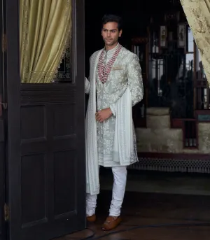 Mint Green Raw Silk Sherwani Set