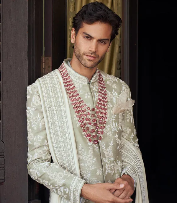 Mint Green Raw Silk Sherwani Set