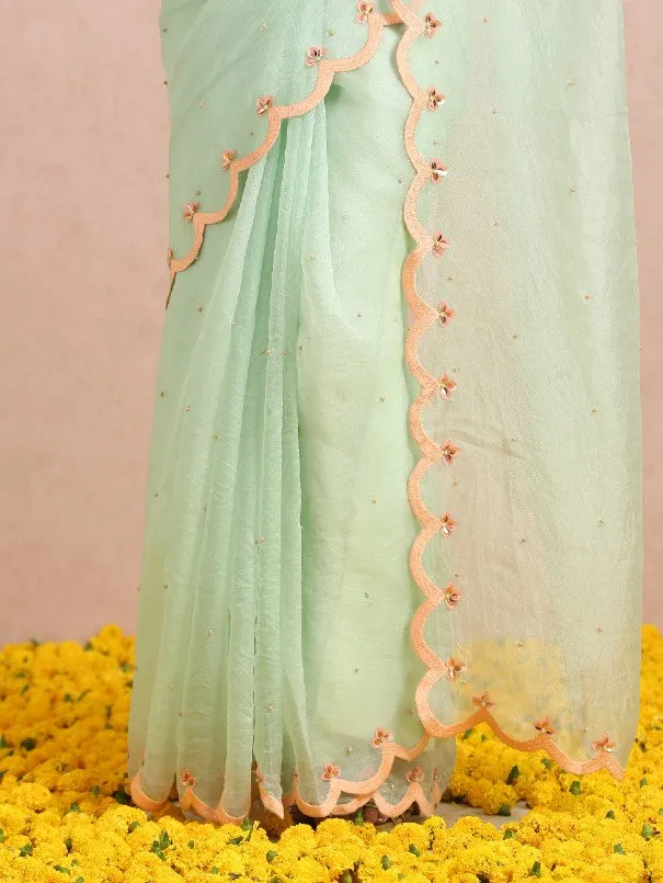 Mint Green Silk Organza Saree With Peach embroidered Blouse (Set of 2)