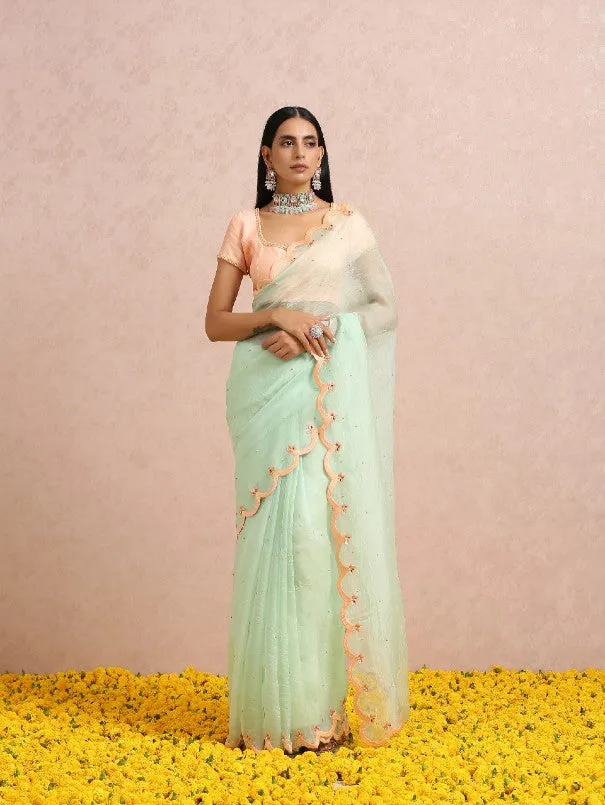 Mint Green Silk Organza Saree With Peach embroidered Blouse (Set of 2)