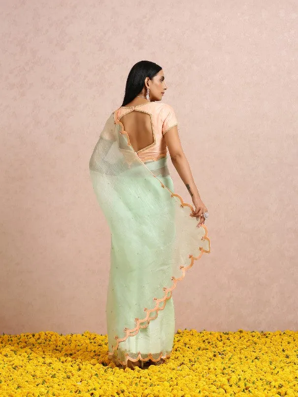Mint Green Silk Organza Saree With Peach embroidered Blouse (Set of 2)