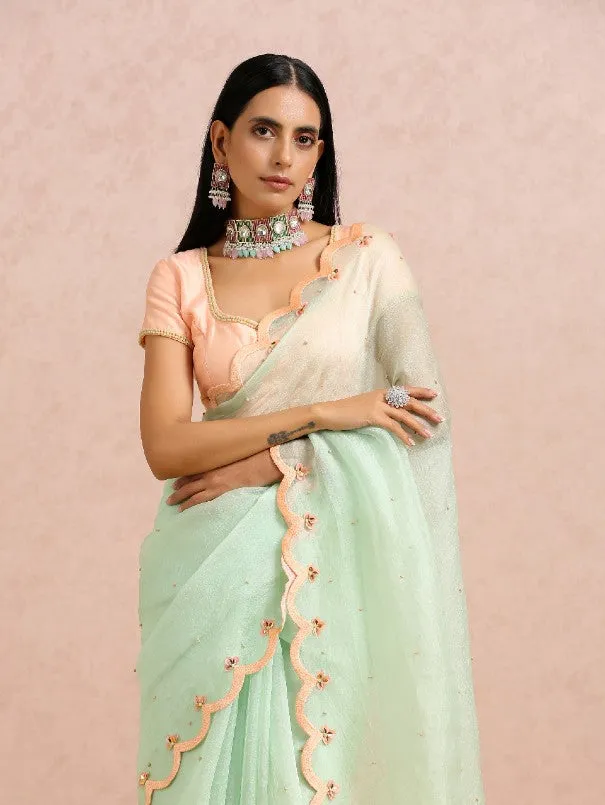 Mint Green Silk Organza Saree With Peach embroidered Blouse (Set of 2)