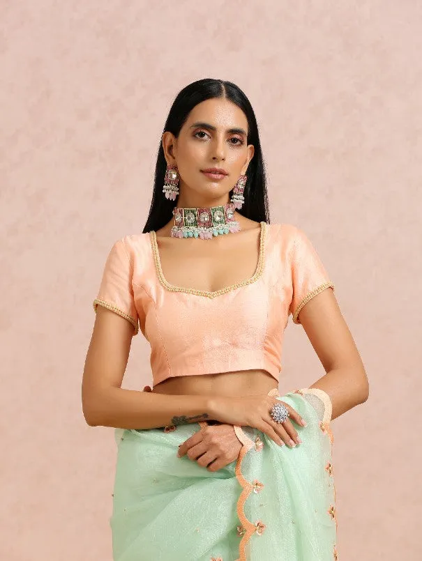 Mint Green Silk Organza Saree With Peach embroidered Blouse (Set of 2)