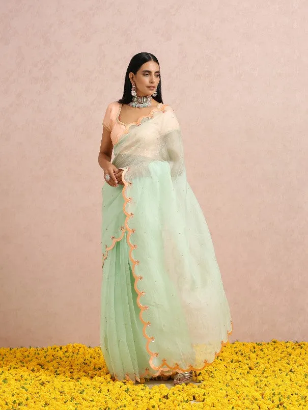 Mint Green Silk Organza Saree With Peach embroidered Blouse (Set of 2)