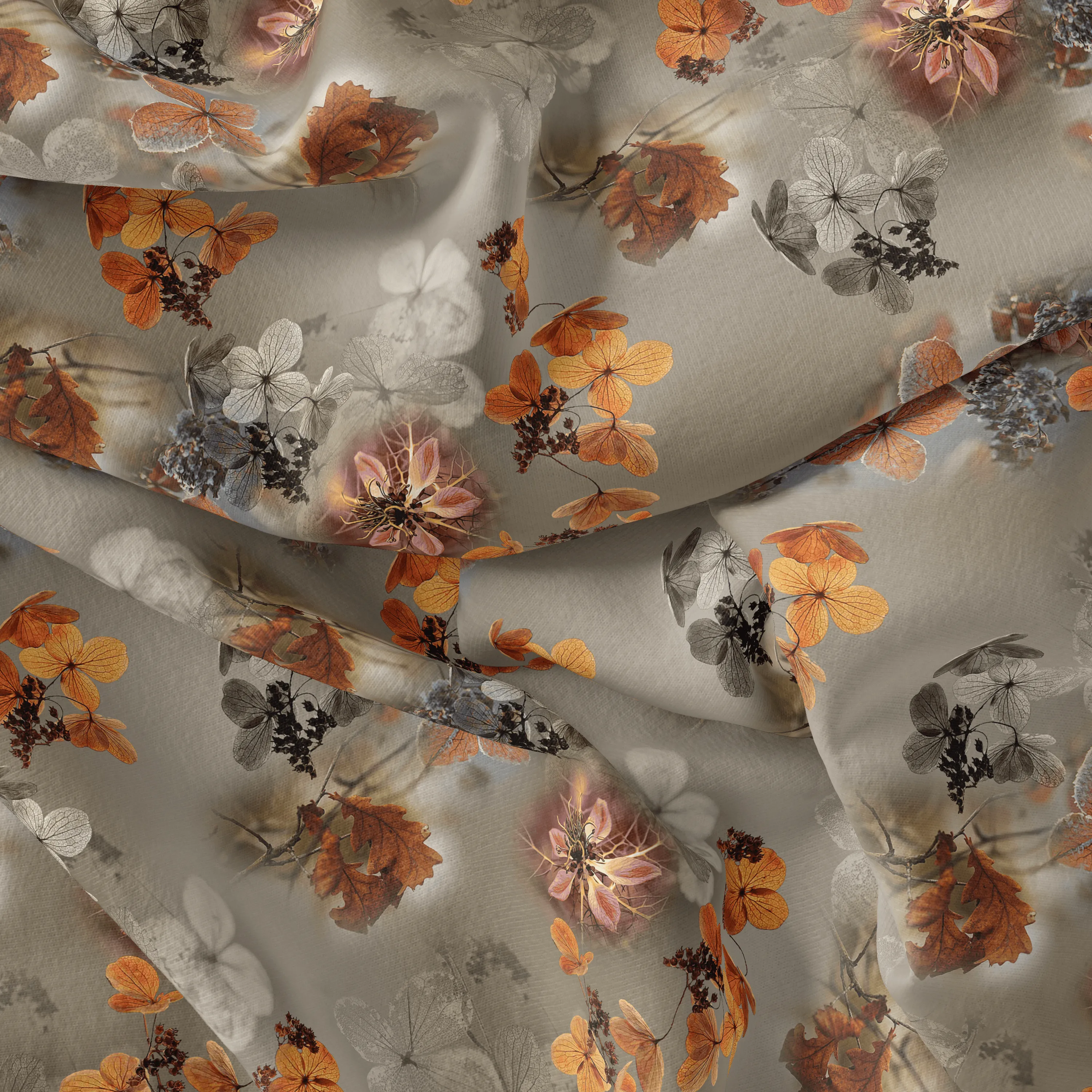 Morden Periwinkle Floral Flower With Gray Leaves Digital Printed Fabric