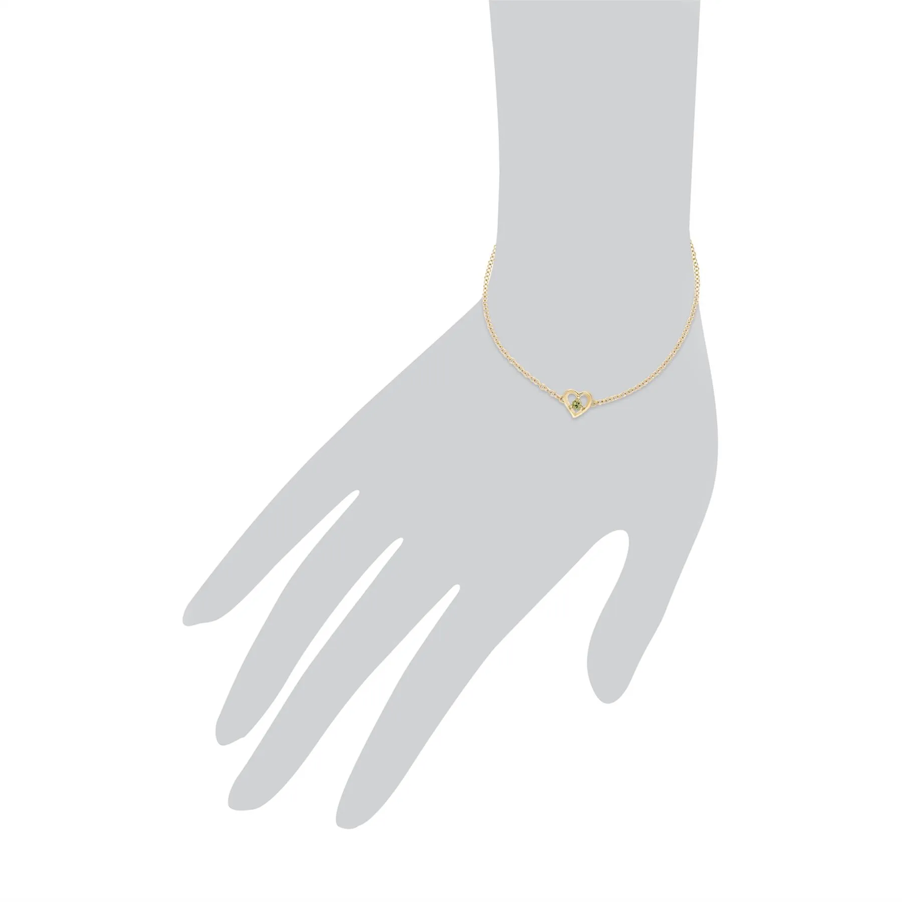 Peridot Armband, 9 Karat Gelbgold Peridot Rund Einzel Stein Herz 19cm Armband