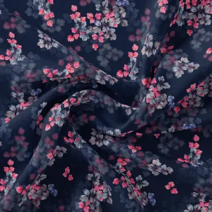 Pink And Gray Leaves With Blue Background Digital Printed Fabric