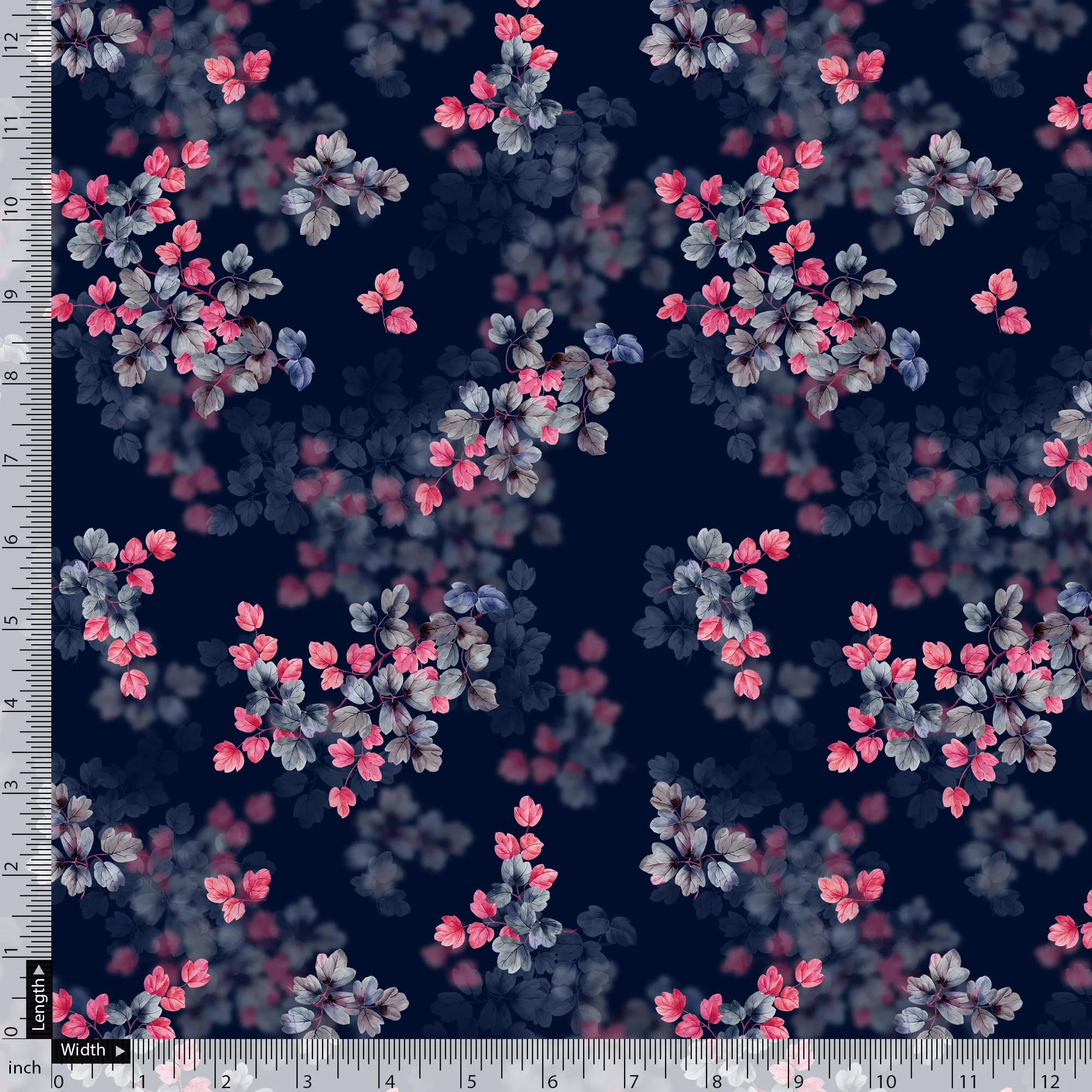 Pink And Gray Leaves With Blue Background Digital Printed Fabric