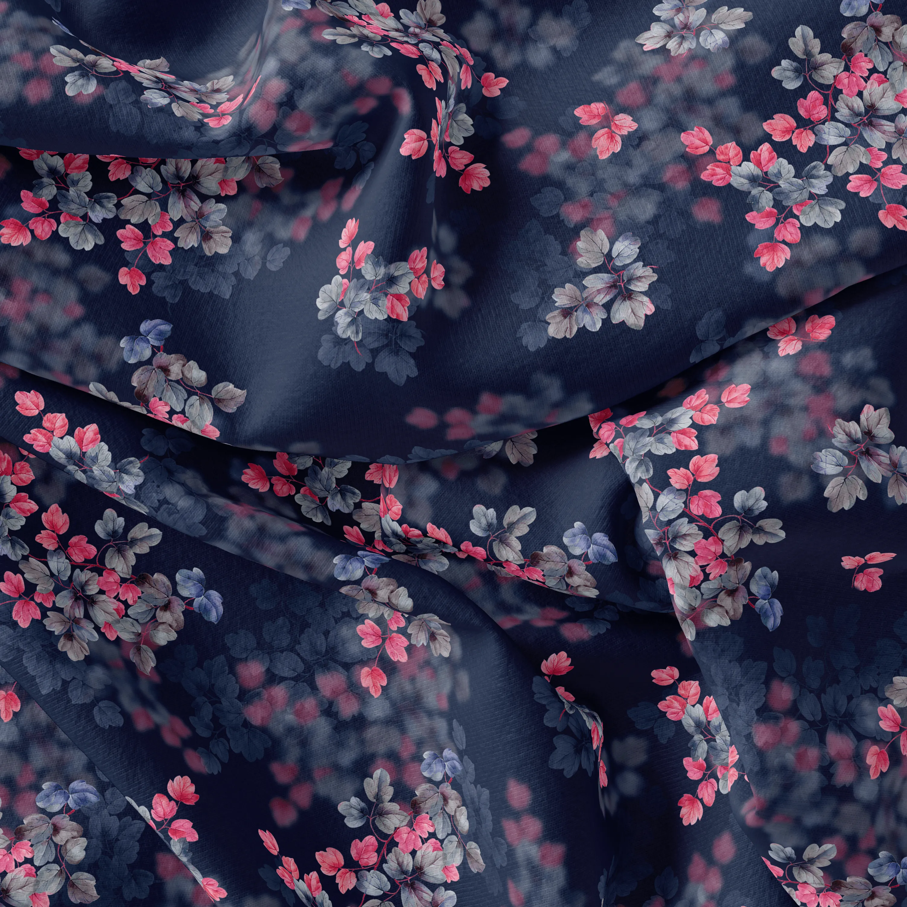 Pink And Gray Leaves With Blue Background Digital Printed Fabric