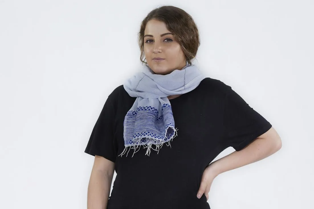 Pismo by SOSH - Handwoven Cotton & Silk Scarf, Blue
