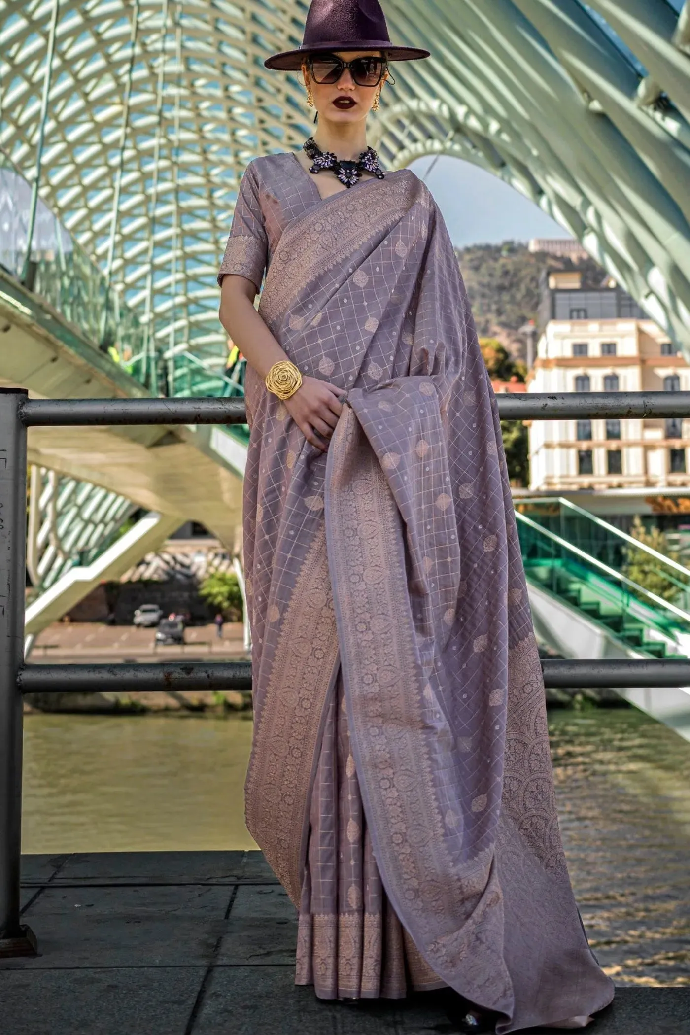 Purply Gray Katan Silk Weaving Worked Designer Saree
