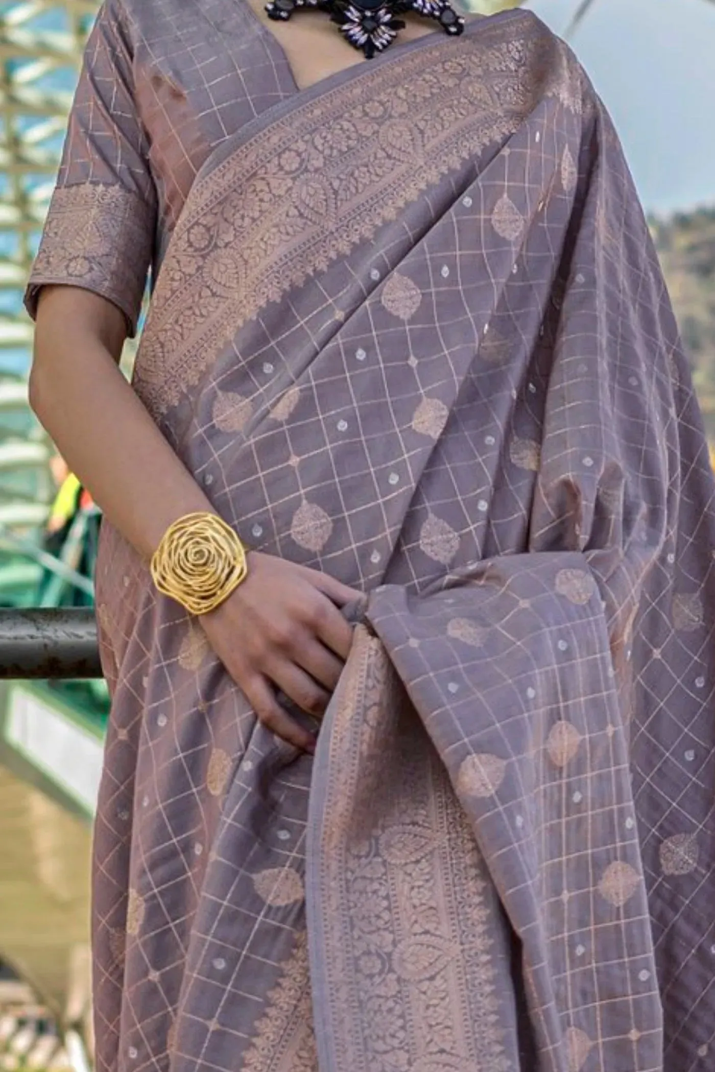 Purply Gray Katan Silk Weaving Worked Designer Saree