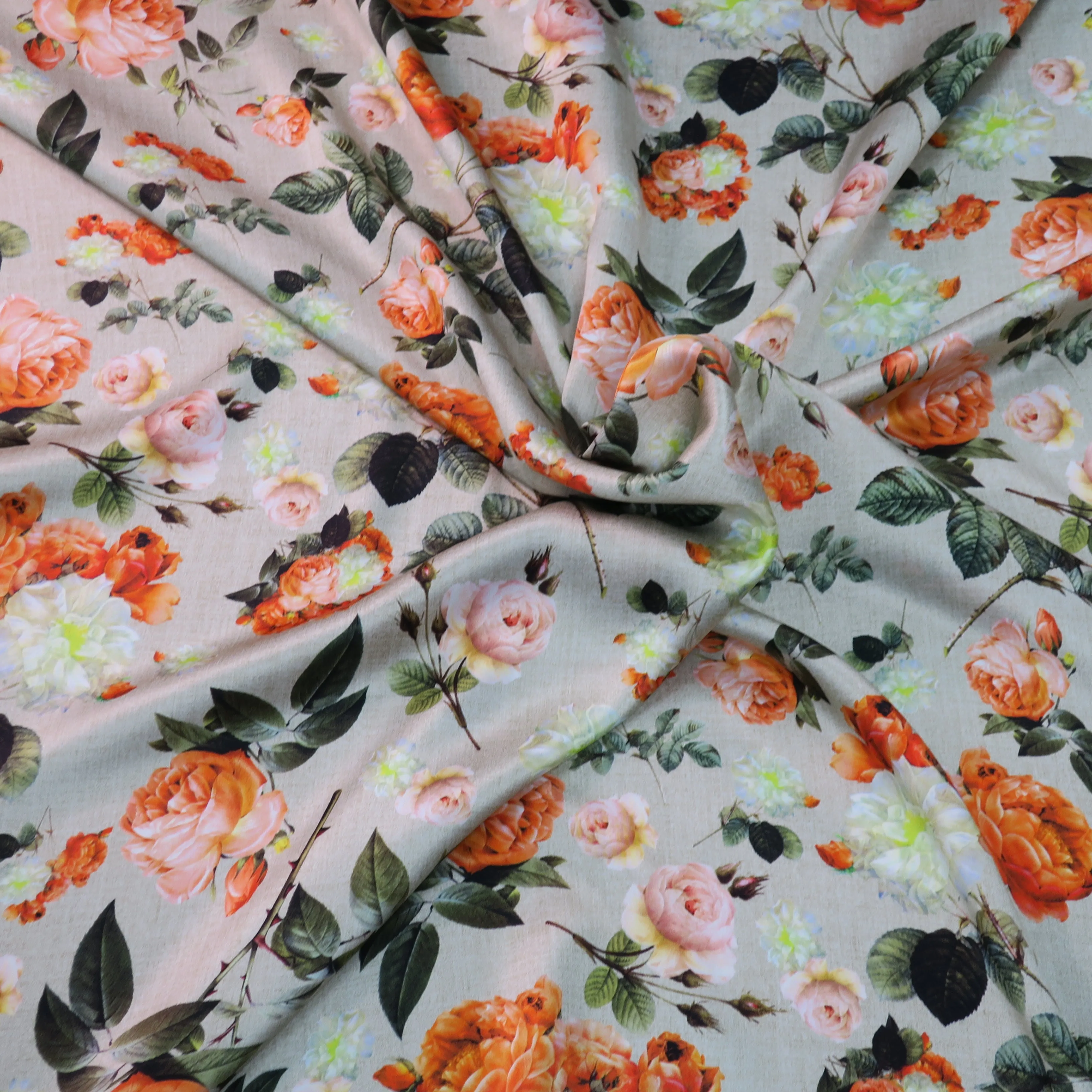 Red and White Roses Printed Silk Charmeuse Fabric