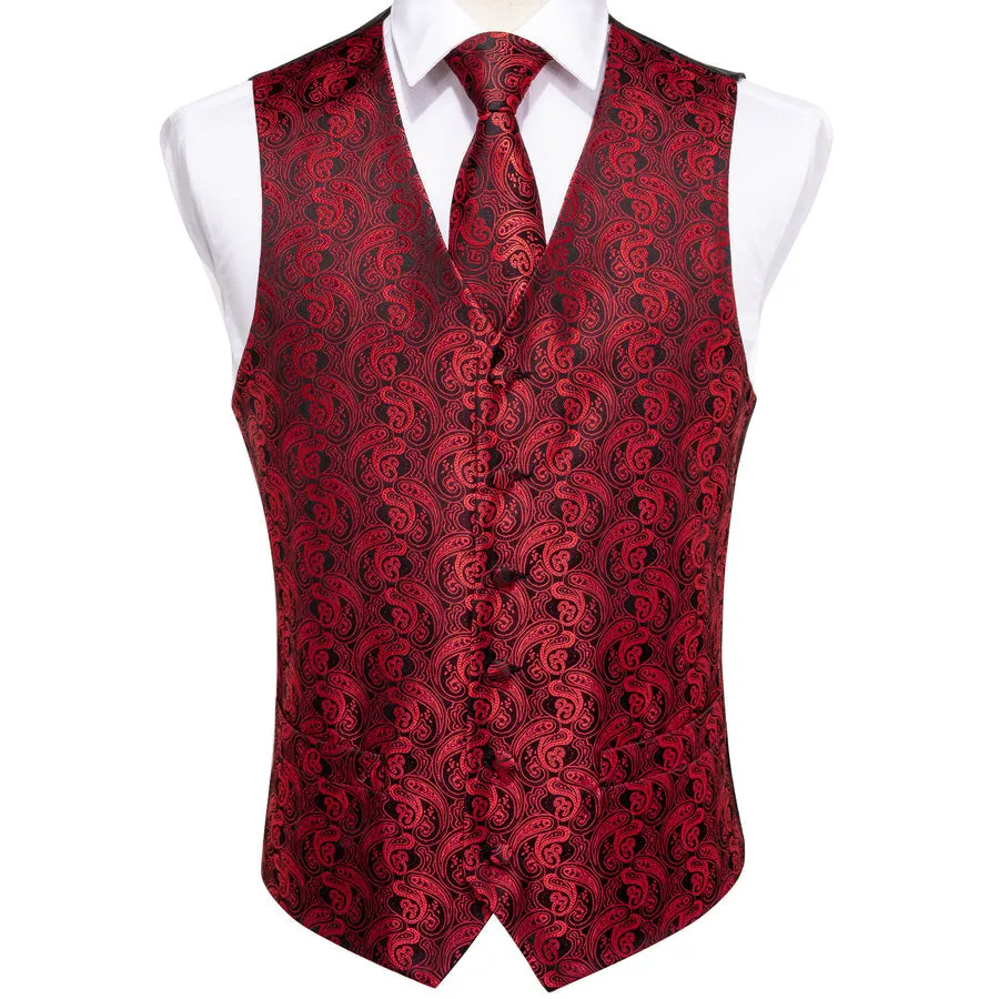 Regal Black & Crimson Paisley Silk Vest Set