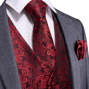 Regal Black & Crimson Paisley Silk Vest Set