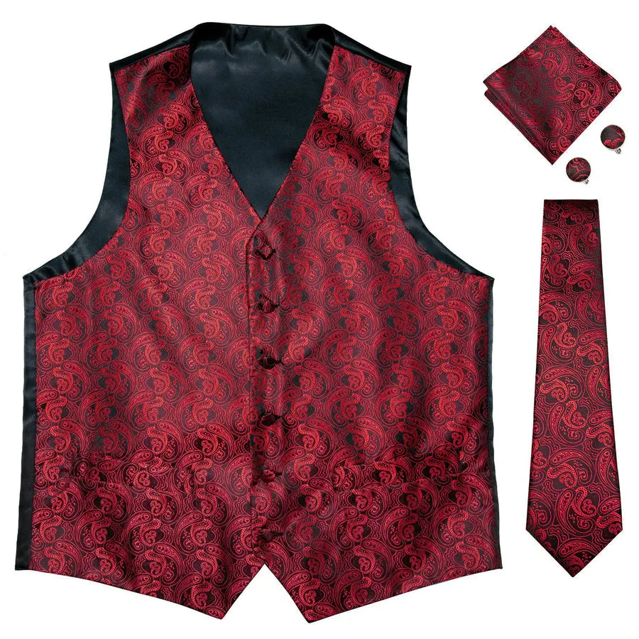 Regal Black & Crimson Paisley Silk Vest Set