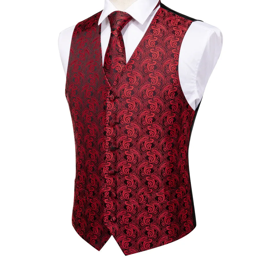 Regal Black & Crimson Paisley Silk Vest Set