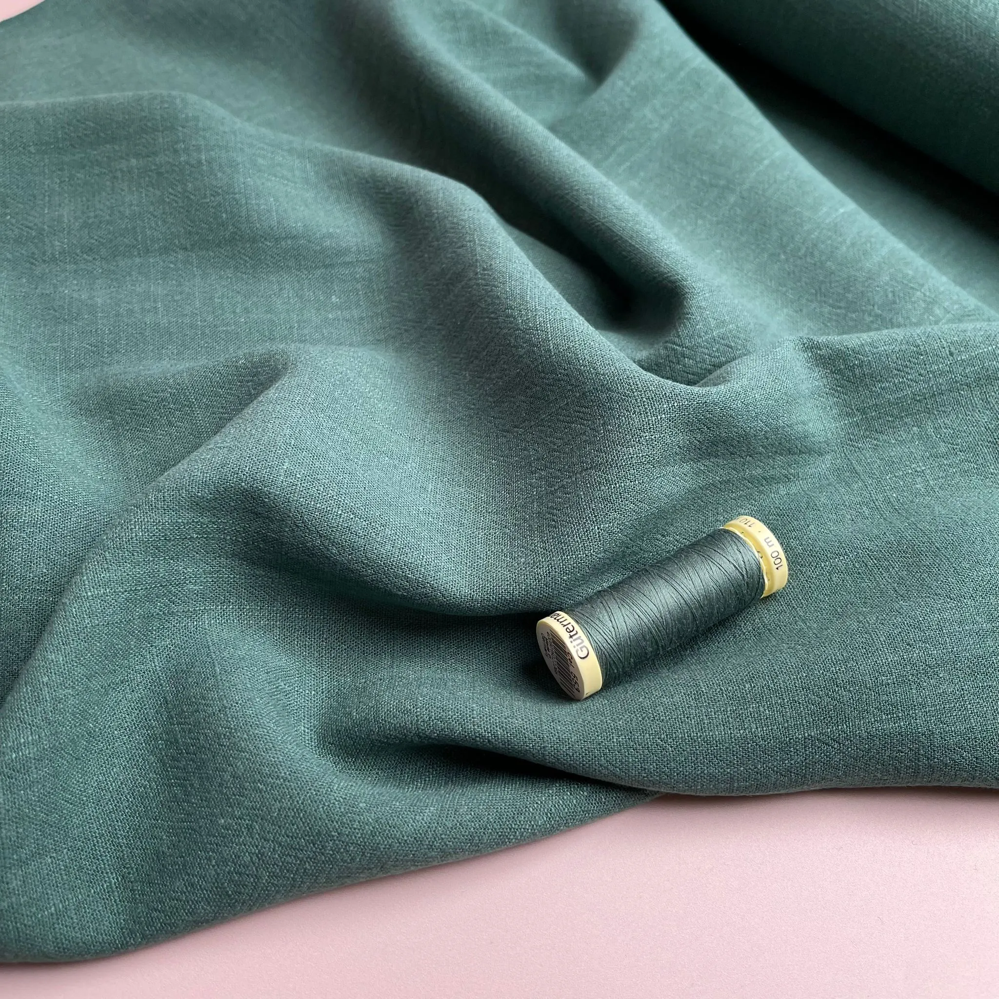 REMNANT 1.20 Metres - Flow Bottle Green Viscose Linen Blend Dress Fabric