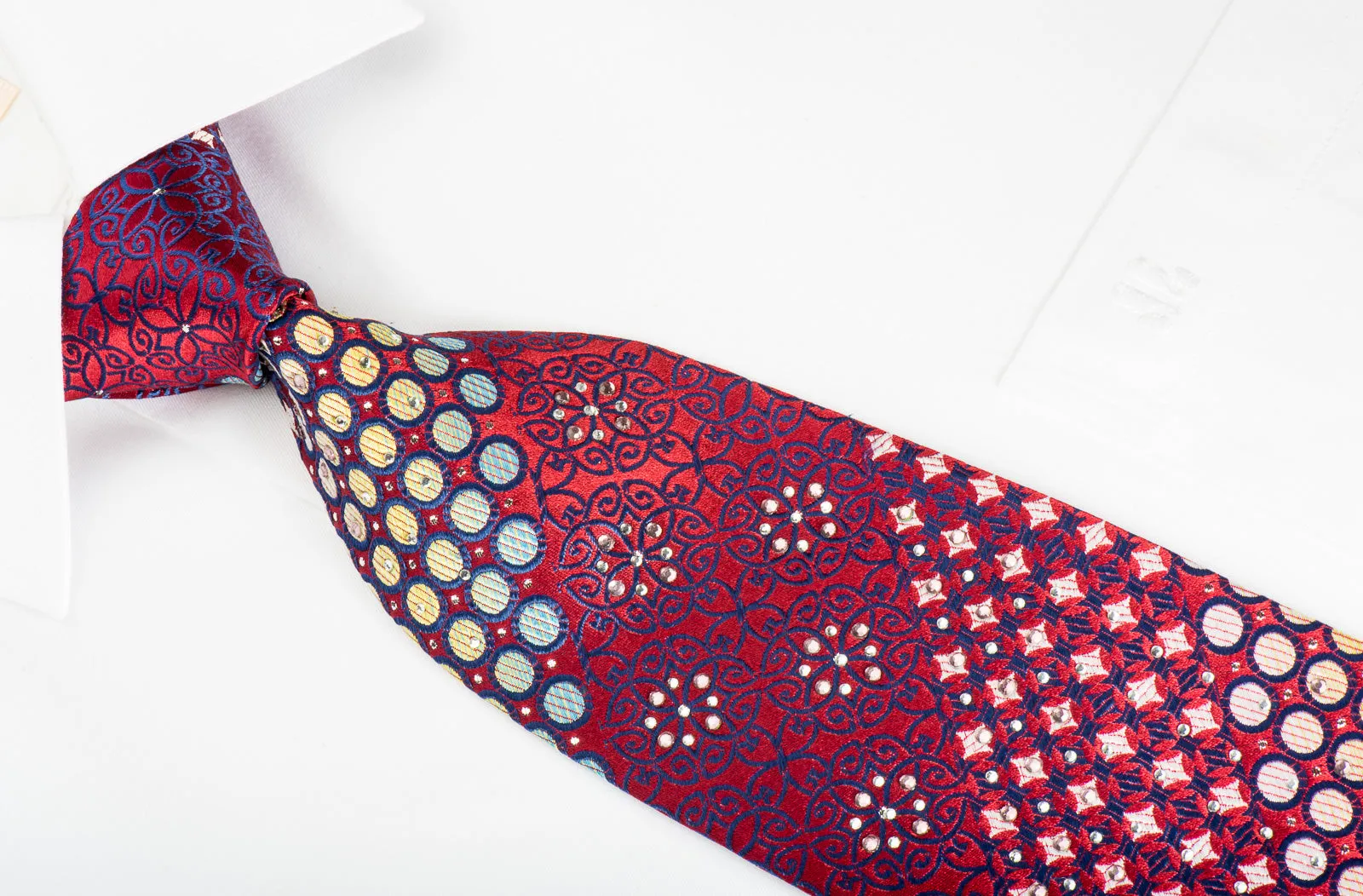 Rogers Dail Rhinestone Silk Necktie Dots On Burgundy With Silver Sparkles