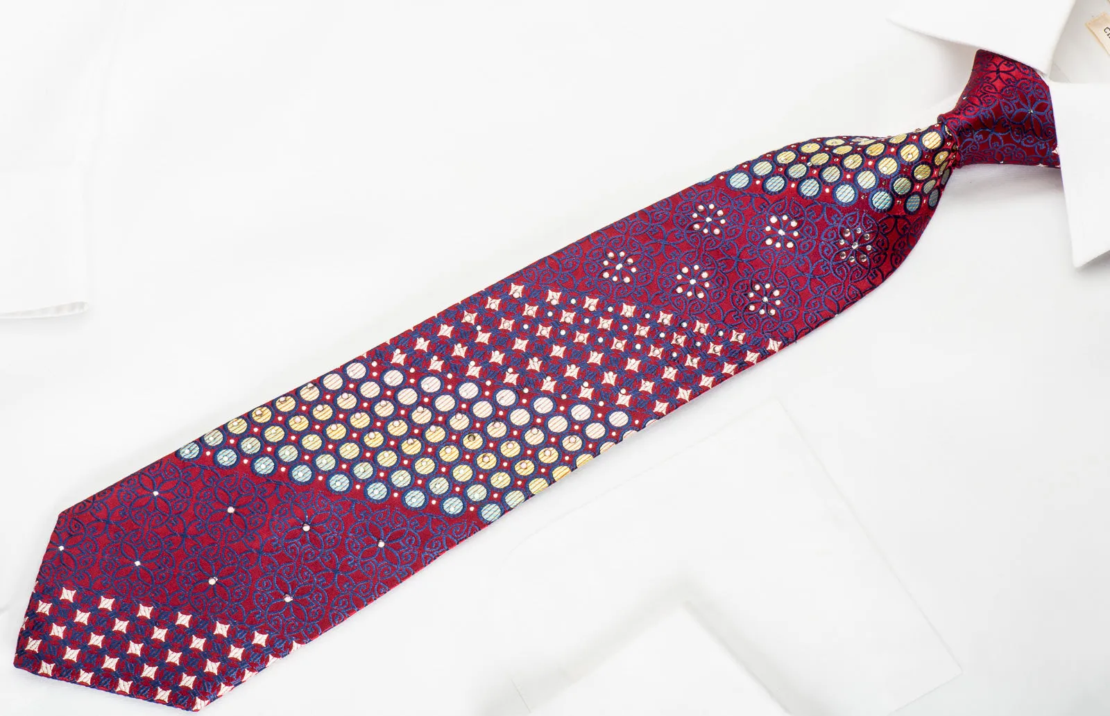 Rogers Dail Rhinestone Silk Necktie Dots On Burgundy With Silver Sparkles