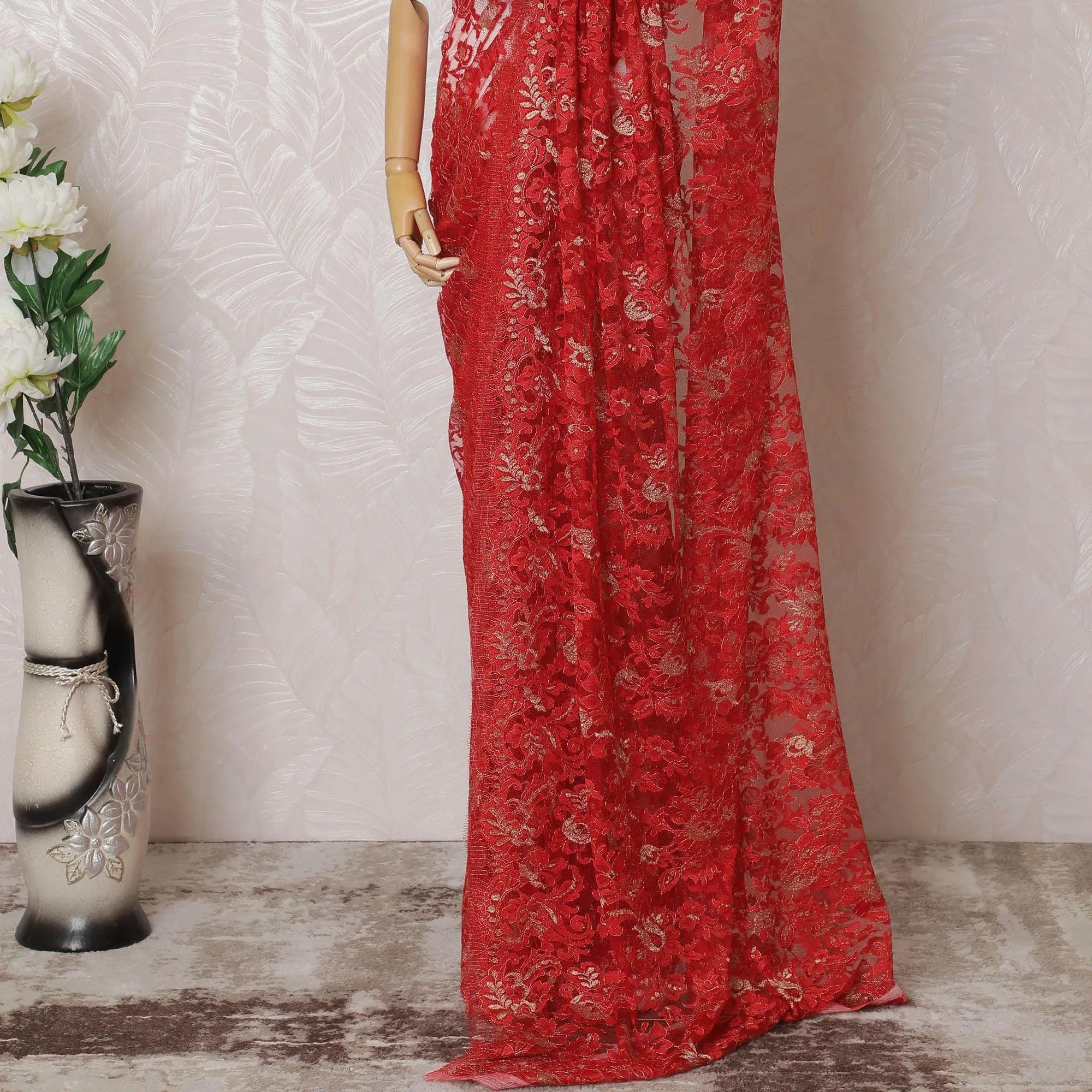 Scarlet red, gold Premium pure metallic French chantilly lace saree in floral design-D14910